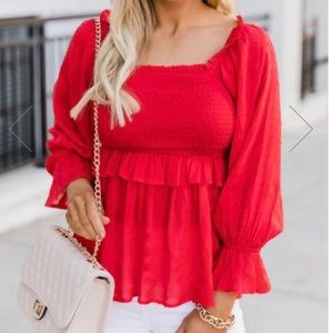 Pink Lily smocked red blouse. Size Large